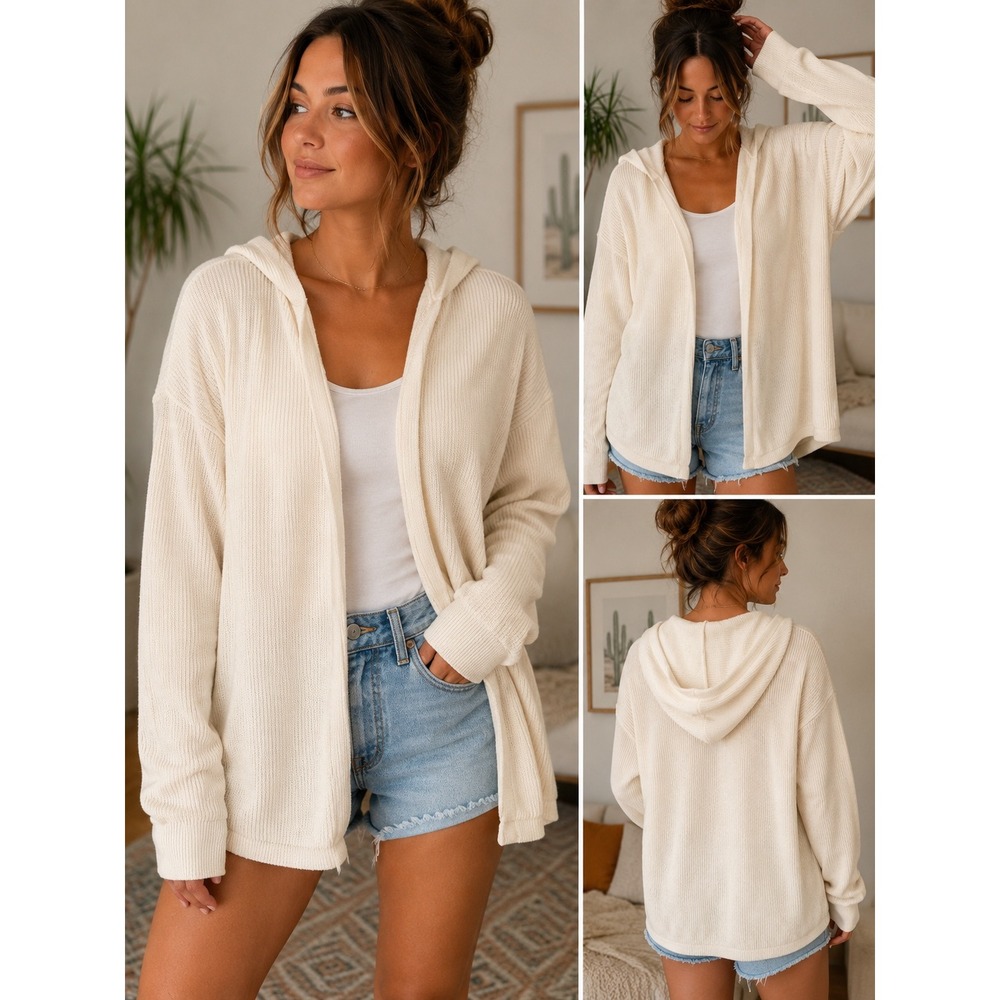 Georgiou 100% Merino Wool Hooded Open Front Cardigan Sweater M Cream Ivory